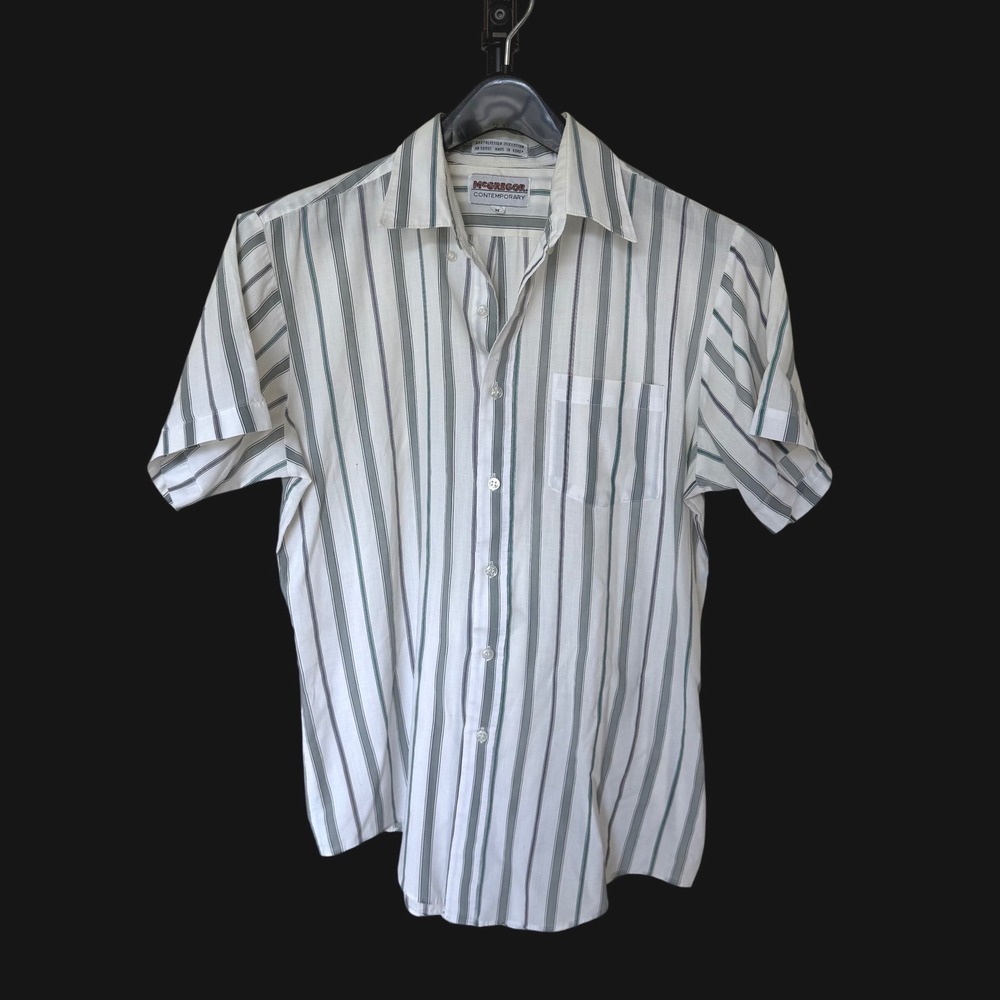 80's McGregor White Green Striped Short‎ Sleeve Button Down Shirt M